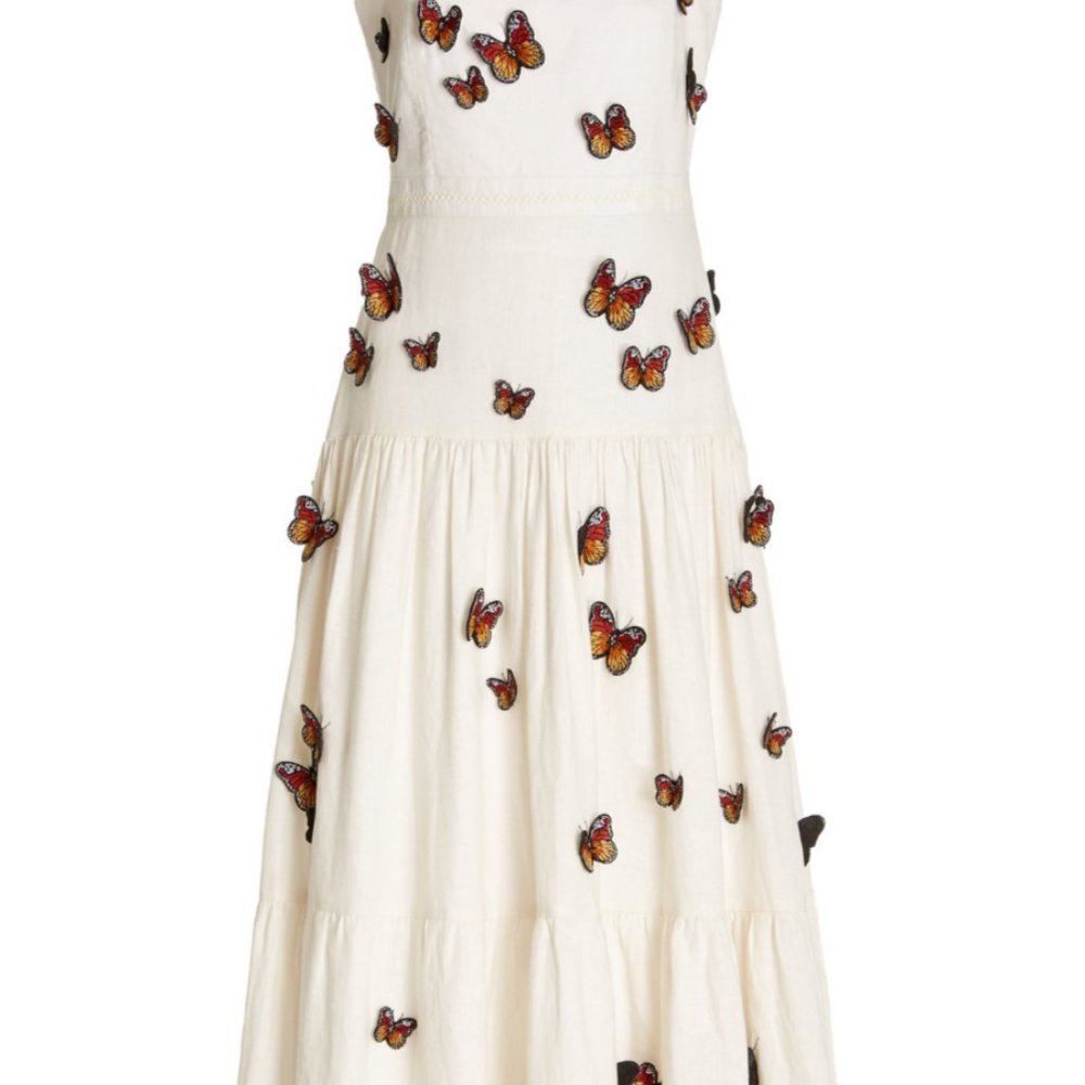 NWT Agua Bendita Lima Monarca Butterfly Embroidered Applique Maxi Dress Linen S